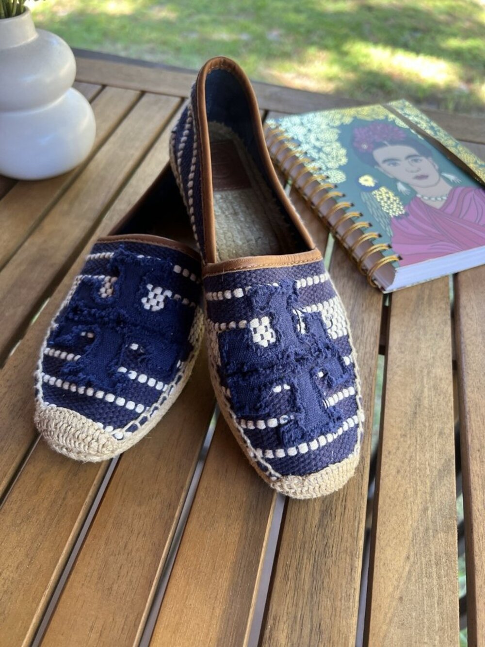 Tory Burch Shaw Logo Canvas Espadrilles Navy White Women’s US 6 - Picture 10 of 11